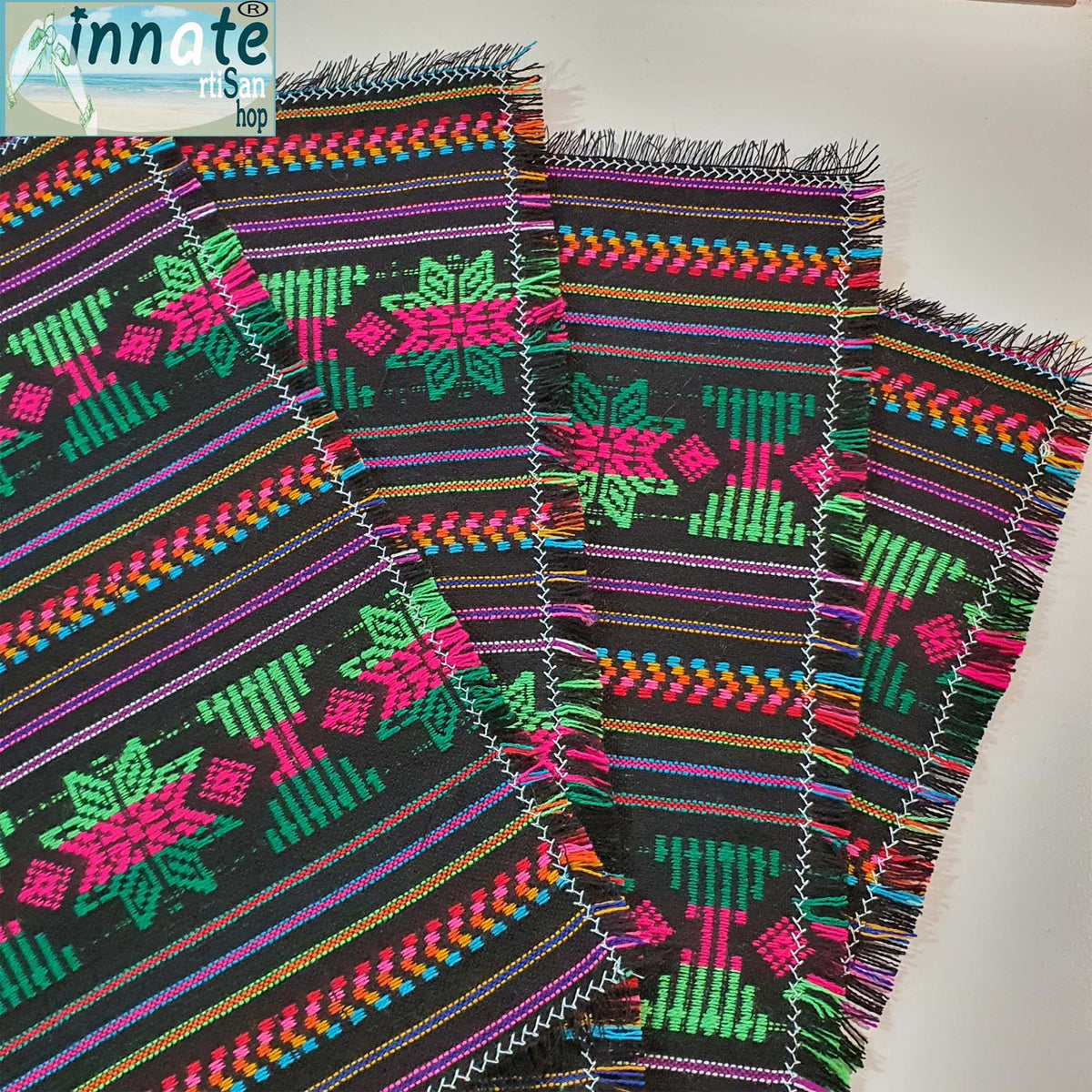 Black placemat, Aztec, cambaya, Mexican placemats, washable, manteles individuales, negros