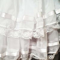 Close-up of a white lace-trimmed fabric with ribbons