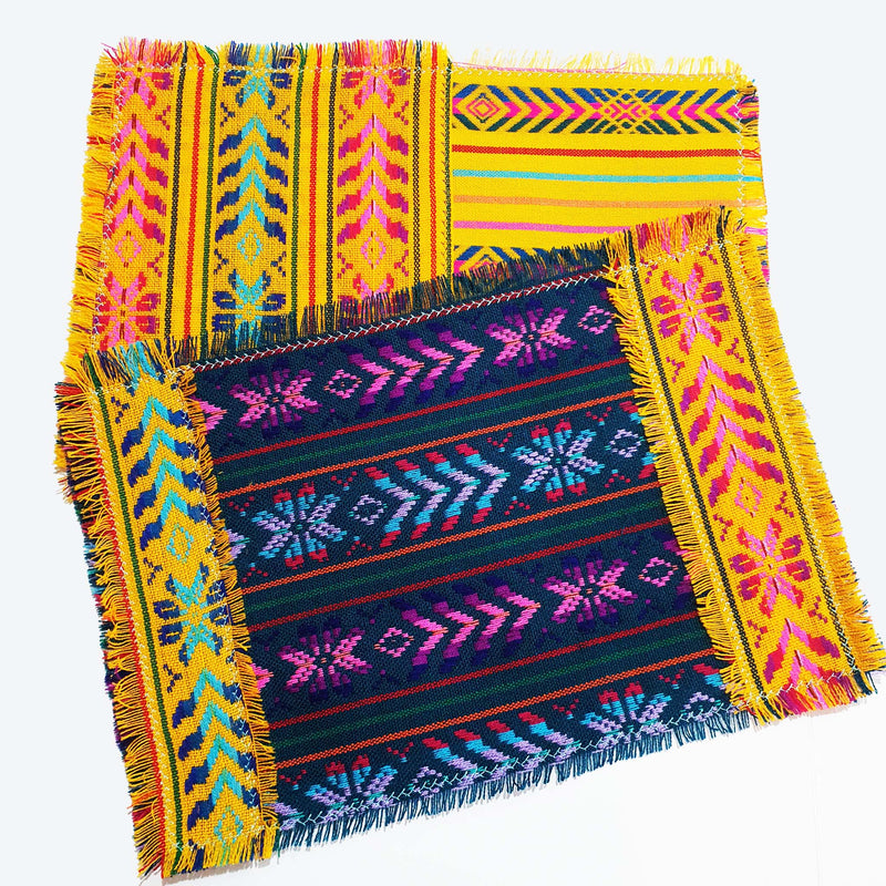 artisan, placemats, marigold, mustard, Mexican, Aztec, washable, green, floral design, individuales Mexicanos
