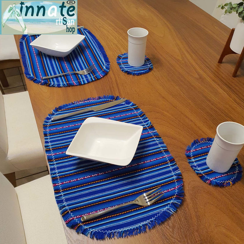 oval placemats, blue placemats, non-skid, artisan, Andean, royal blue, stripped, round placemats, placemat sets, coasters, oval coasters