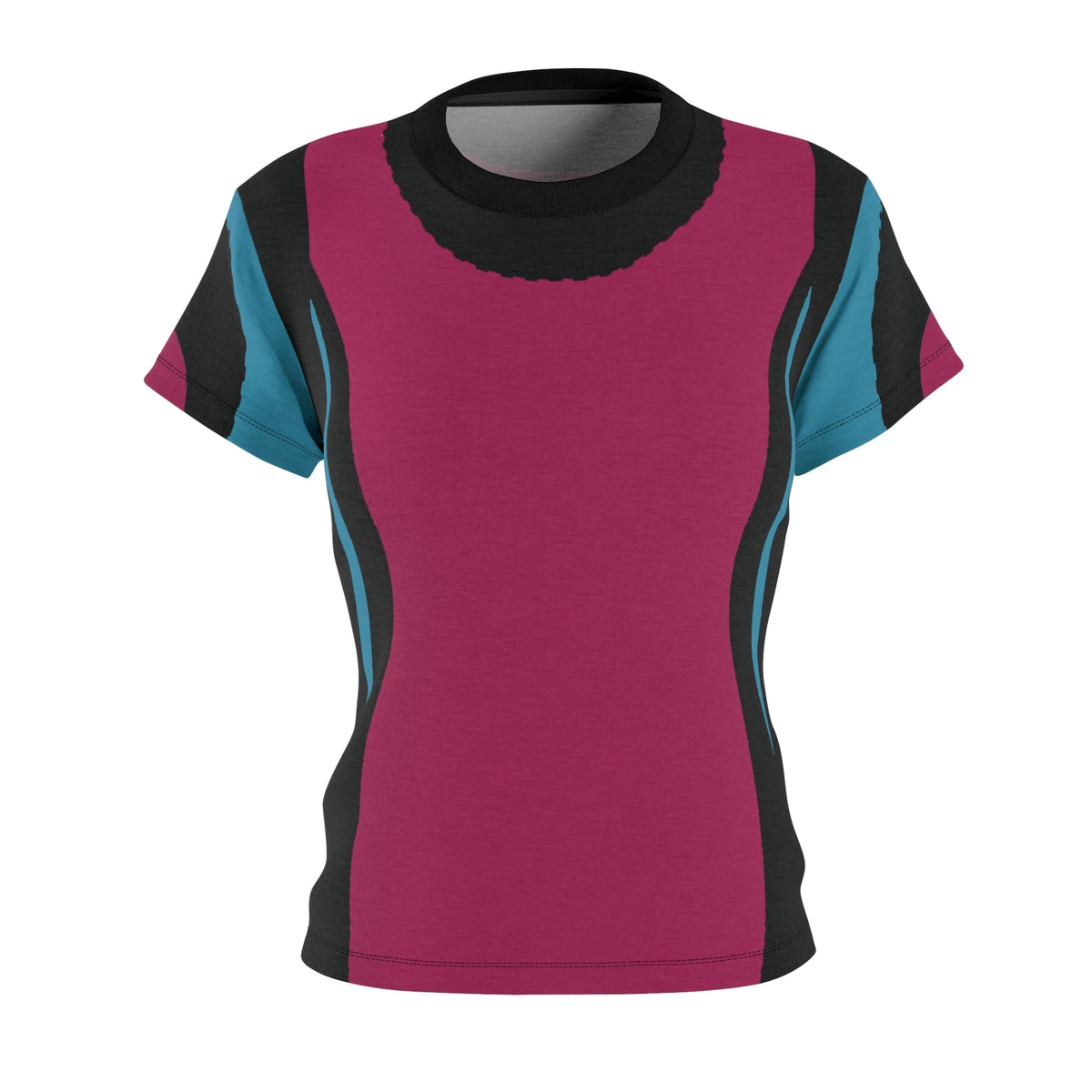 woman, slim effect, tee, T shirt, black and fuchsia, teal, slimming effect top