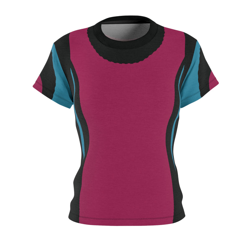 woman, slim effect, tee, T shirt, black and fuchsia, teal, slimming effect top