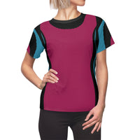 woman, slim effect, tee, T shirt, black and white, slimming effect top, fuchsia, teal