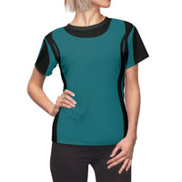 woman, slim effect, tee, T shirt, black and white, slimming effect top, teal