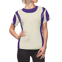 Woman with Tshirt back, slim effect, tee, T shirt, ivory and purple, slimming effect top