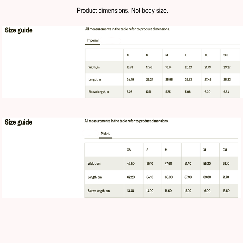size chart, product size, tshirt, slimming effect, customized, personalized