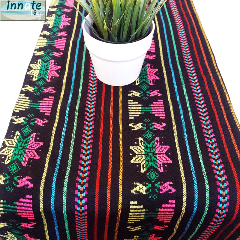 fringed, black table runner, camino de mesa negro, Mexican, artisan, embroidered, cambaya, Aztec, Mayan, custom, multicolor, rainbow