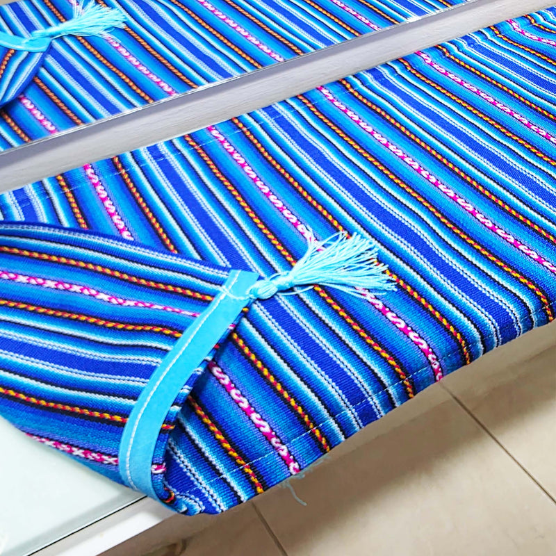 Tasseled entryway, foyer, table runner, royal blue, woven