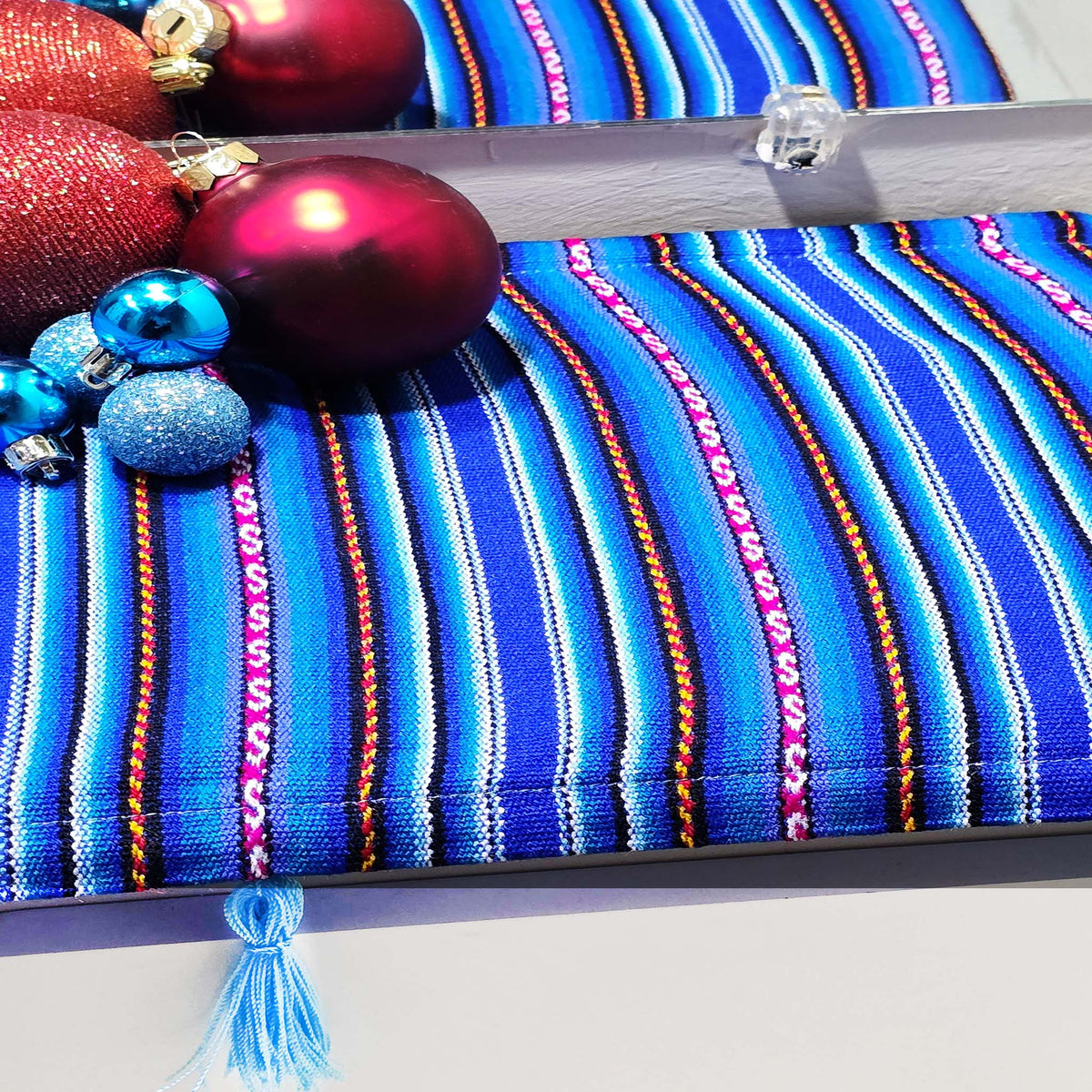 Tasseled entryway, foyer, table runner, royal blue, woven