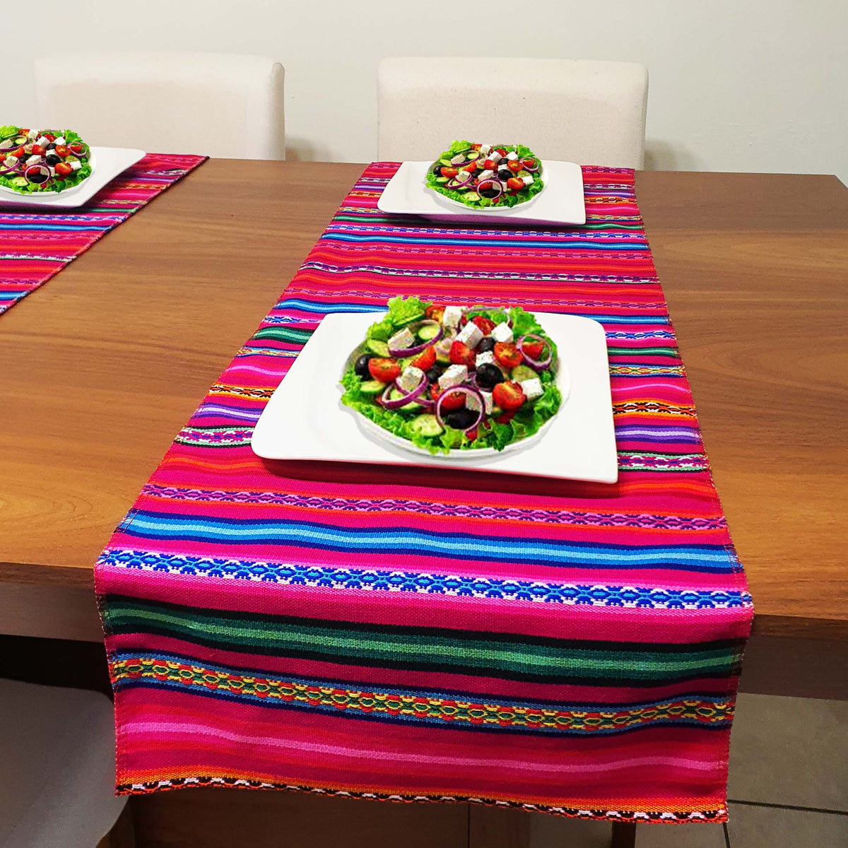 stylish, table runner, andean, peruvian, cusco, tablecloth, artisan, handmade, authentic, fuchsia, red, turquoise, royal blue, purple, tangerine, white