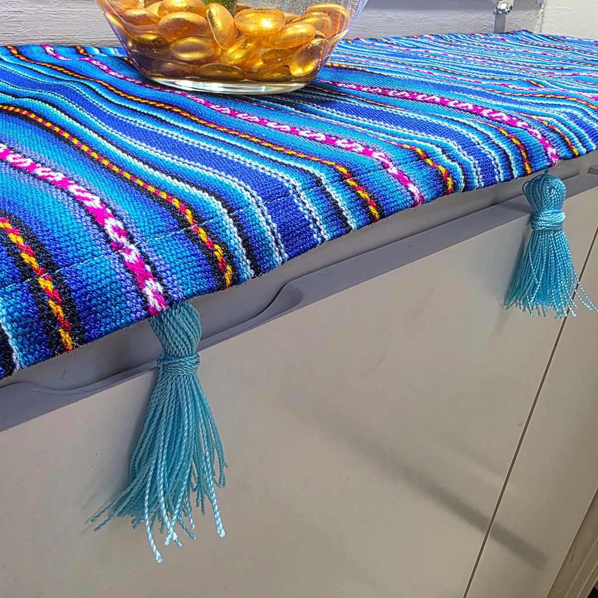 Tasseled entryway, foyer, table runner, royal blue, woven