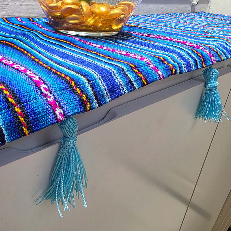 Tasseled entryway, foyer, table runner, royal blue, woven