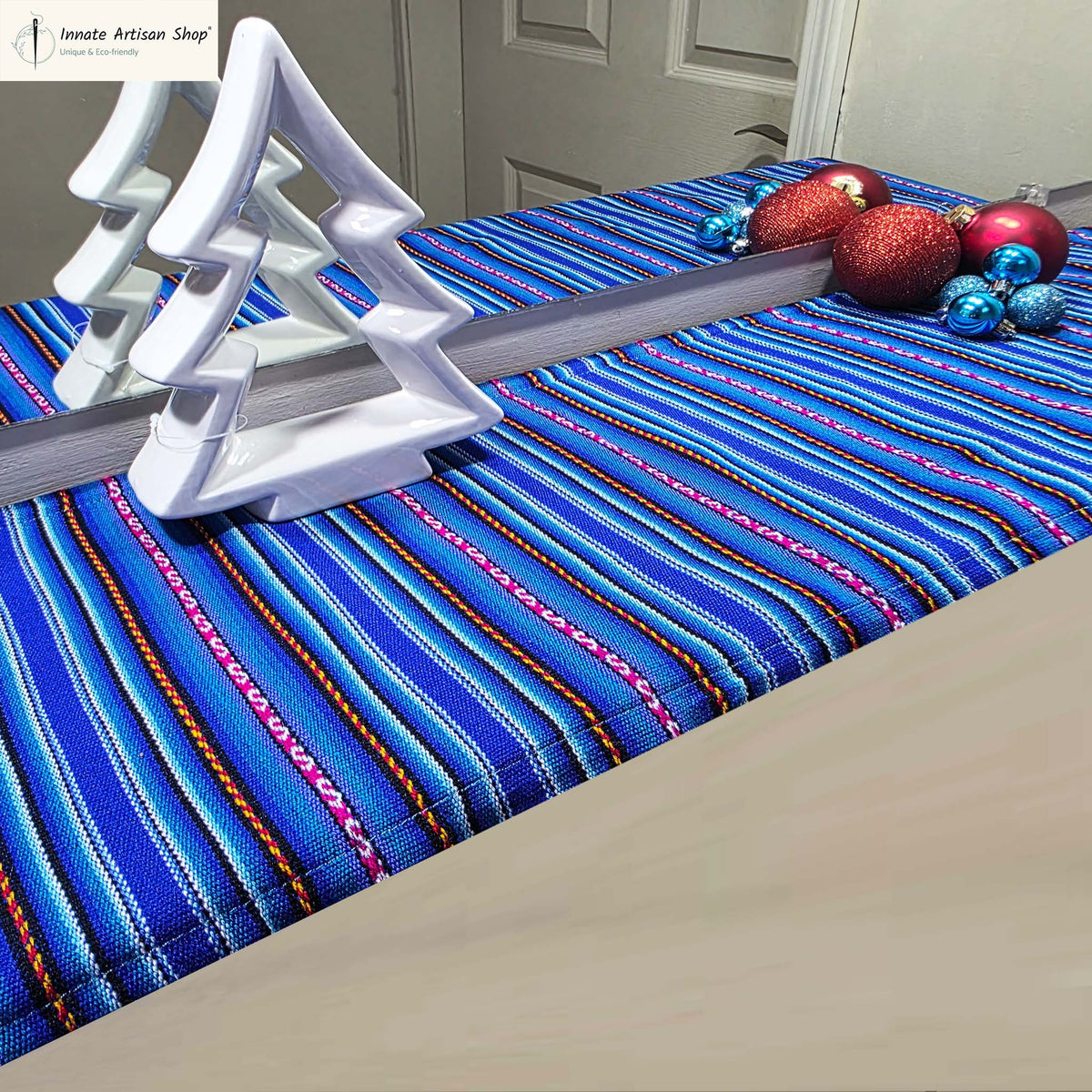 Tasseled entryway, foyer, table runner, royal blue, woven