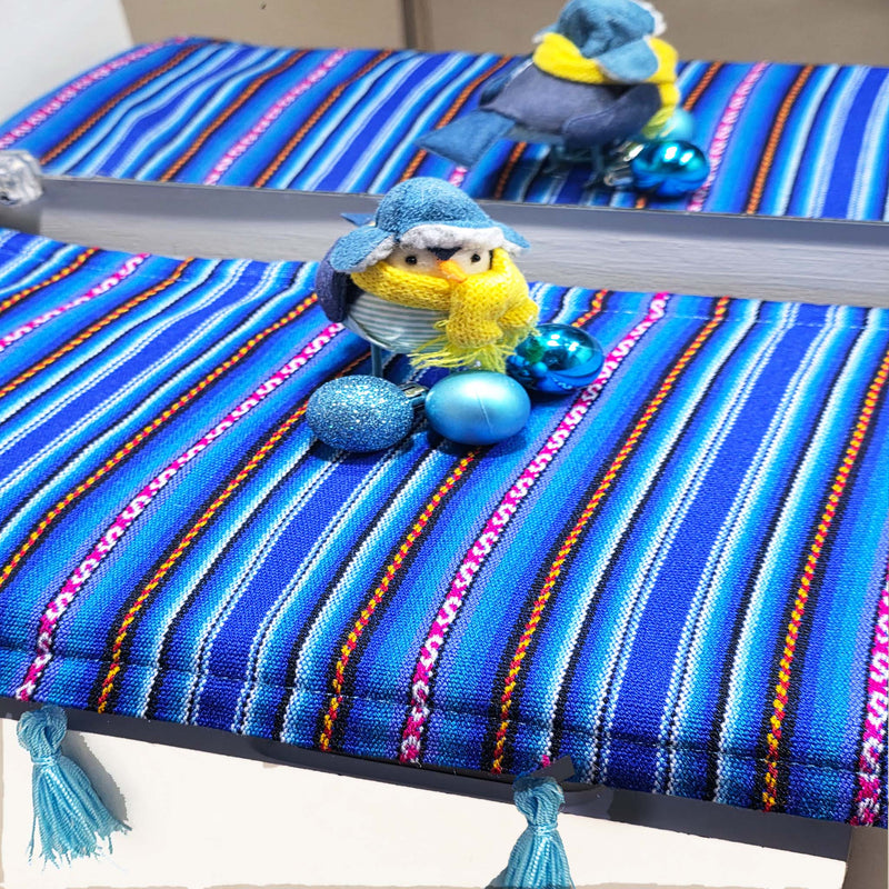 Tasseled entryway, foyer, table runner, royal blue, woven