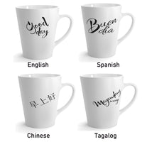 mugs, international, message, good day, in english, spanish, chinese, tagalog