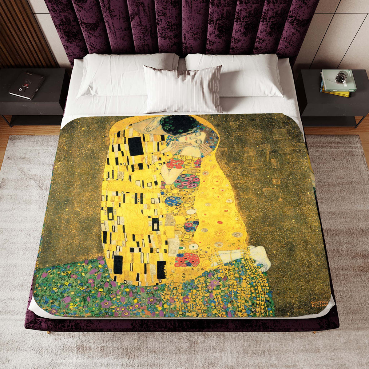 blanket, sherpa, Gustav Klimt, the kiss, blanket, art, sherpa blanket, paintings, famous paint, gift for artist, full size bed, throw blanket with art, large size, for full size bed