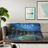 starry night, printed on blanket, over a sofa, living room