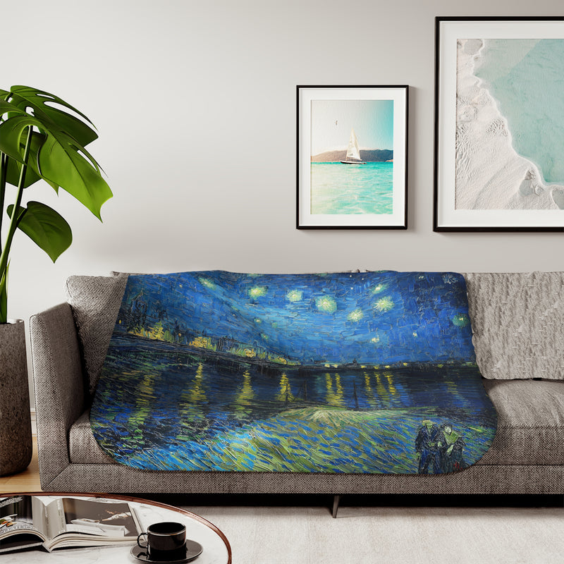 starry night, printed on blanket, over a sofa, living room