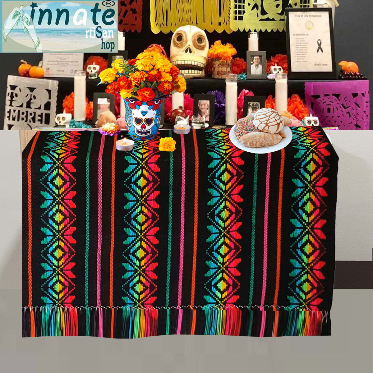 altar, ofrenda, table runner, Mexican, mantel, tablecloth, black, embroidered, special, aztec