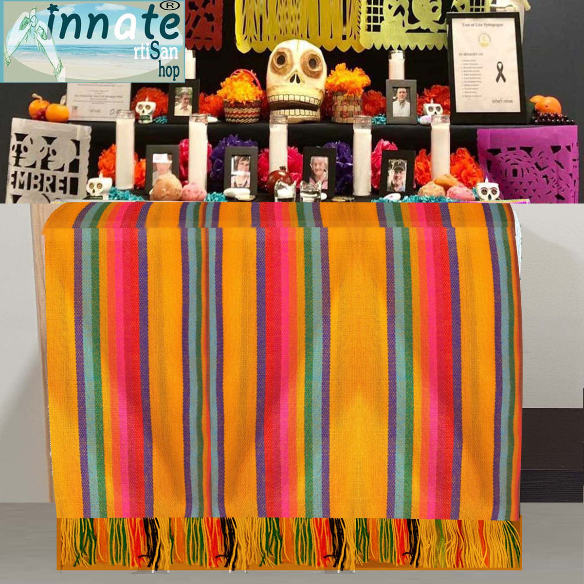 altar, ofrenda, table runner, camino de mesa, mantel, tablecloth, day of dead, shelf, small, orange, cempasuchil, color, mango