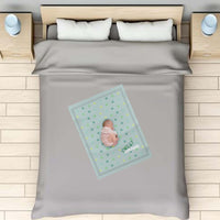 baby blanket, personalized, over a full size bed with a newborn on top