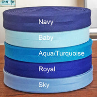 bias, trim, single fold, 5/8 bias, polyester, artisan, navy, blue, baby blue, aqua, turquoise, royal blue, sky blue, rolls, budget, cheap