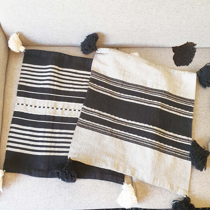 throw pillow, cases, cover, artisan, pedal loom , woven , Mexican, black and white, B&W, pompoms, washable, colorfast