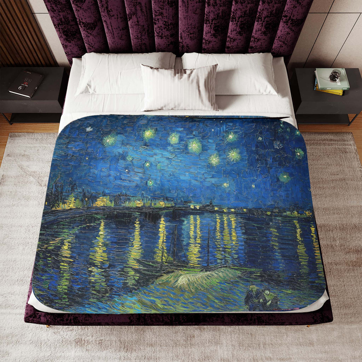 sherpa blanket, over full size bed, large size, painting, art, Starry Over Rhône, Vincent van Gogh, print on blanket