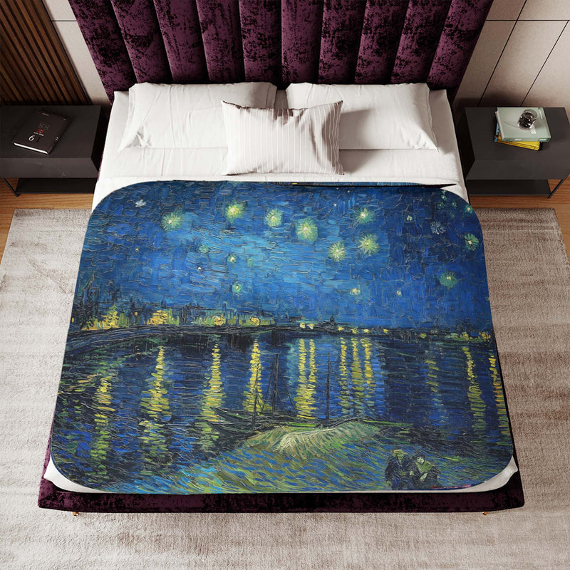 sherpa blanket, over full size bed, large size, painting, art, Starry Over Rhône, Vincent van Gogh, print on blanket