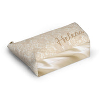 Zippered bag, lace bag, customized, personalized, champagne beige, XV gift, bridesmaid gift, champagne color, soft ivory tone, satin bottom