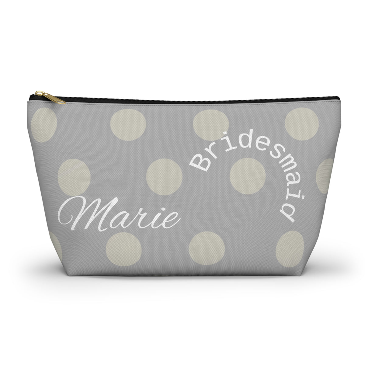 bridesmaid gift, zippered bag, makeup, accessories, toiletry, personalized, customized with names, dates, polka dots, grey