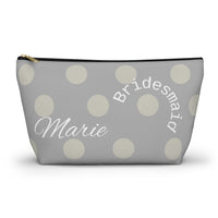bridesmaid gift, zippered bag, makeup, accessories, toiletry, personalized, customized with names, dates, polka dots, grey