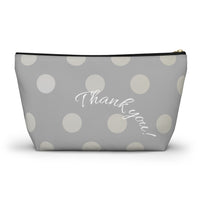 bridesmaid gift, zippered bag, makeup, accessories, toiletry, personalized, customized with names, dates, polka dots, grey
