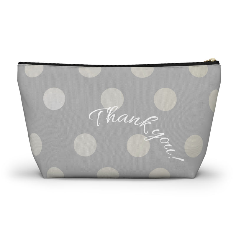 bridesmaid gift, zippered bag, makeup, accessories, toiletry, personalized, customized with names, dates, polka dots, grey