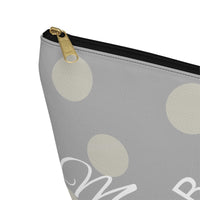 bridesmaid gift, zippered bag, makeup, accessories, toiletry, personalized, customized with names, dates, polka dots, grey