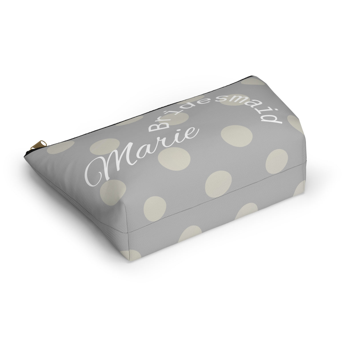 bridesmaid gift, zippered bag, makeup, accessories, toiletry, personalized, customized with names, dates, polka dots, grey