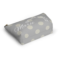 bridesmaid gift, zippered bag, makeup, accessories, toiletry, personalized, customized with names, dates, polka dots, grey