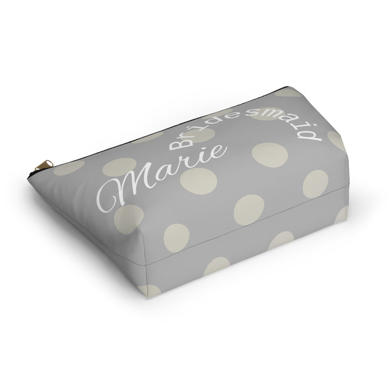 bridesmaid gift, zippered bag, makeup, accessories, toiletry, personalized, customized with names, dates, polka dots, grey