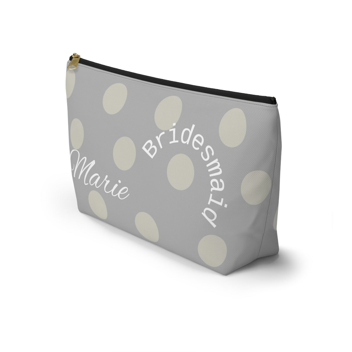 bridesmaid gift, zippered bag, makeup, accessories, toiletry, personalized, customized with names, dates, polka dots, grey