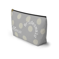 bridesmaid gift, zippered bag, makeup, accessories, toiletry, personalized, customized with names, dates, polka dots, grey