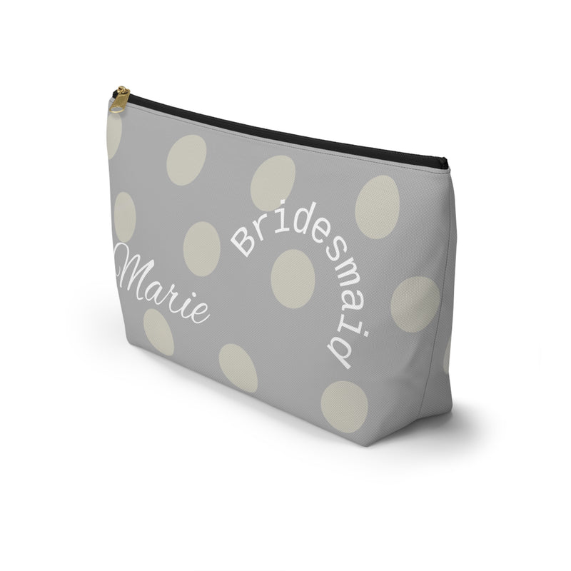 bridesmaid gift, zippered bag, makeup, accessories, toiletry, personalized, customized with names, dates, polka dots, grey