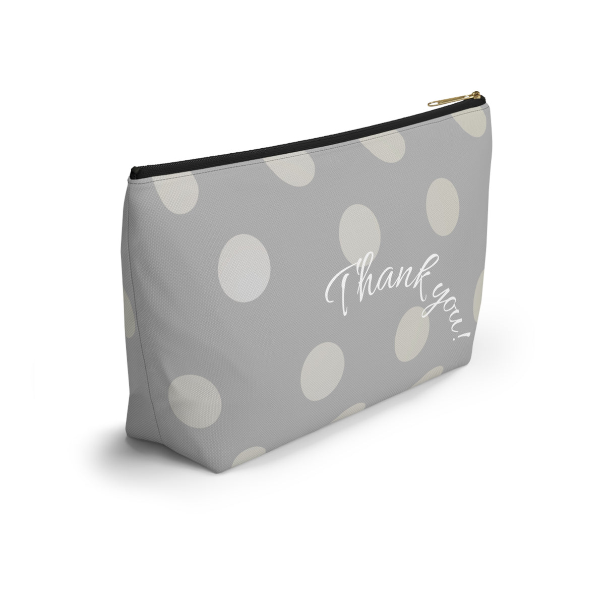bridesmaid gift, zippered bag, makeup, accessories, toiletry, personalized, customized with names, dates, polka dots, grey