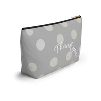 bridesmaid gift, zippered bag, makeup, accessories, toiletry, personalized, customized with names, dates, polka dots, grey