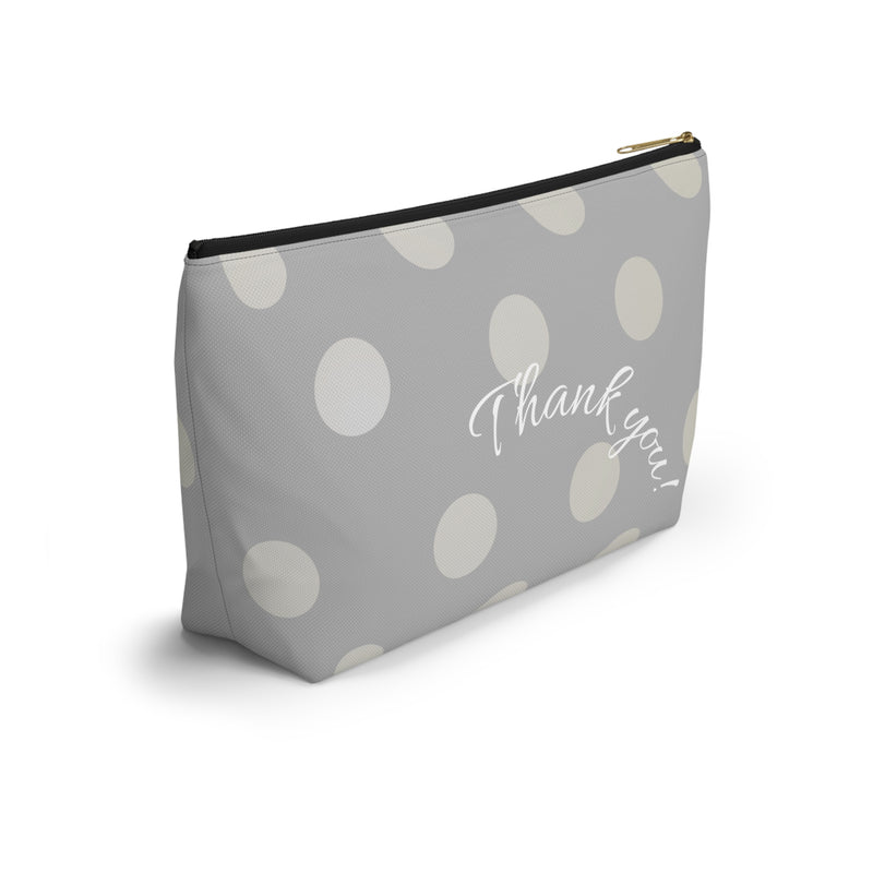 bridesmaid gift, zippered bag, makeup, accessories, toiletry, personalized, customized with names, dates, polka dots, grey