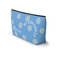 bridesmaid gift, zippered bag, makeup, accessories, toiletry, personalized, customized with names, dates, polka dots, blue