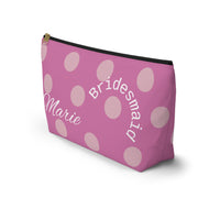 bridesmaid gift, zippered bag, makeup, accessories, toiletry, personalized, customized with names, dates, polka dots, pink, fuchsia