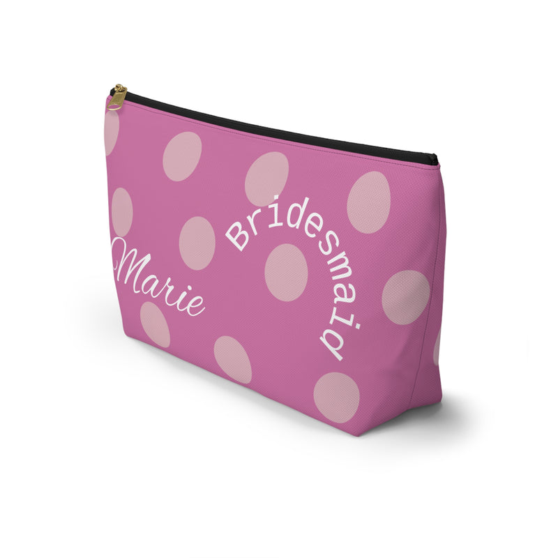 bridesmaid gift, zippered bag, makeup, accessories, toiletry, personalized, customized with names, dates, polka dots, pink, fuchsia