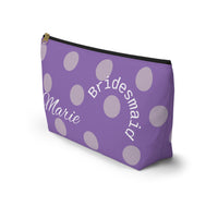 bridesmaid gift, zippered bag, makeup, accessories, toiletry, personalized, customized with names, dates, polka dots, lilac, purple, lavender