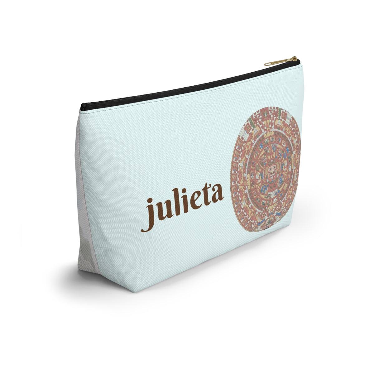 toiletry bag, cosmetics, small bag, zippered, aztec calendar, Mexican themed, bridesmaid gift, XV, customized, personalized