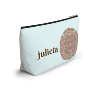 toiletry bag, cosmetics, small bag, zippered, aztec calendar, Mexican themed, bridesmaid gift, XV, customized, personalized